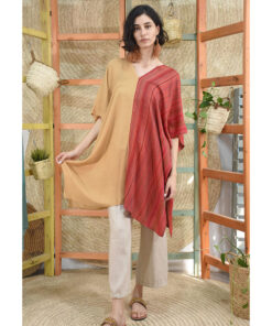 Dark Beige & Red Handwoven Viscose midi Kaftan Handwoven Viscose Top made in Egypt & available in Jozee boutique
