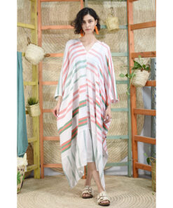 White, Green & Red Handwoven Viscose Long Kaftan Handwoven Viscose Top made in Egypt & available in Jozee boutique
