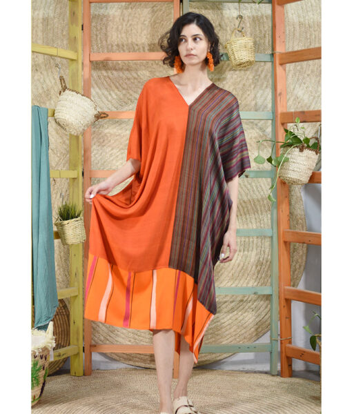 Orange & Brown strips Handwoven Viscose Long Kaftan Handwoven Viscose Top made in Egypt & available in Jozee boutique
