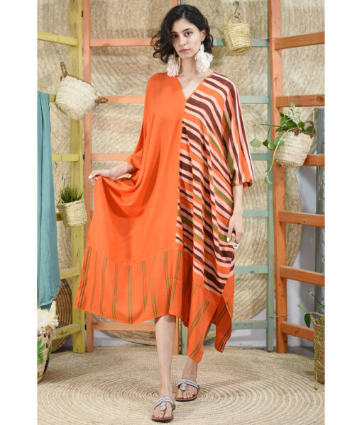Orange, Green & Brown Handwoven Viscose Long Kaftan Handwoven Viscose Top made in Egypt & available in Jozee boutique