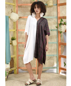 White & brown stripes Handwoven Viscose midi Kaftan Handwoven Viscose Top made in Egypt & available in Jozee boutique