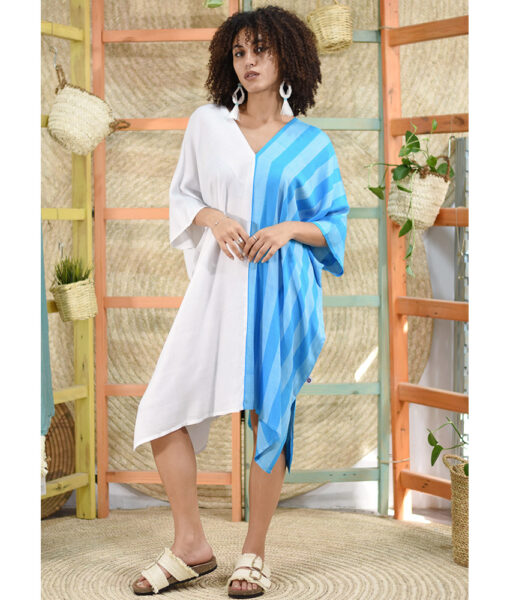 White & blue Handwoven Viscose midi Kaftan Handwoven Viscose Top made in Egypt & available in Jozee boutique