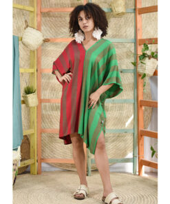 Green & red Handwoven Viscose midi Kaftan Handwoven Viscose Top made in Egypt & available in Jozee boutique