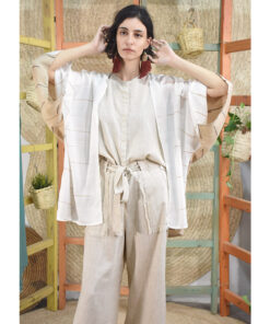 White & Beige Handwoven Viscose Cardigan handmade in Egypt & available at Jozee Boutique.
