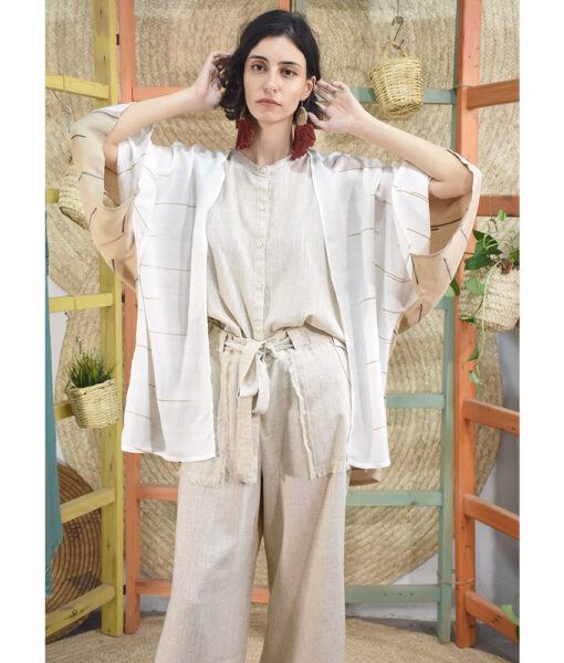 White & Beige Handwoven Viscose Cardigan handmade in Egypt & available at Jozee Boutique.
