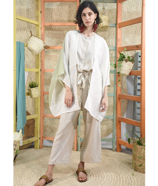 Off White & Light Olive Green Handwoven Linen Cardigan handmade in Egypt & available at Jozee Boutique.
