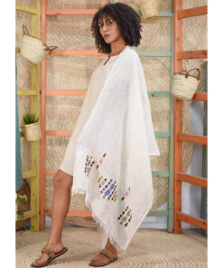 White Embroidered Linen Shawl handmade in Egypt & available at Jozee Boutique