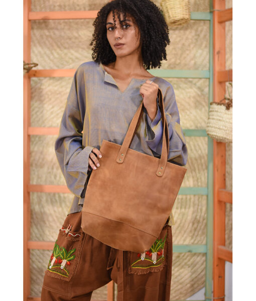 Tan Genuine Leather hand bag handmade in Egypt and available at Jozee Boutique.