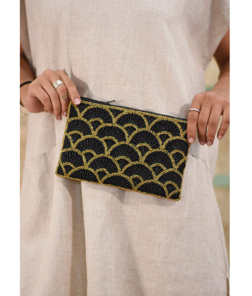 Black & Gold Beaded Clutch handmade in Egypt & available at Jozee Boutique.