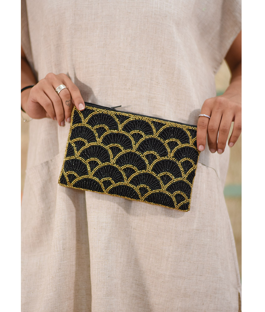 Beaded Geometric Print Evening Clutch