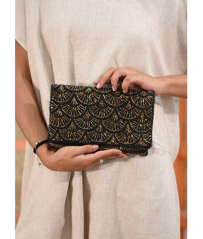 Black Beaded Clutch handmade in Egypt & available at Jozee Boutique.