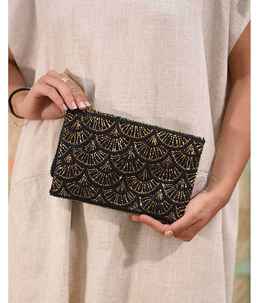 Black Beaded Clutch handmade in Egypt & available at Jozee Boutique.