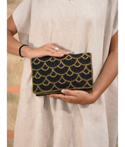 Black Beaded Clutch handmade in Egypt & available at Jozee Boutique.