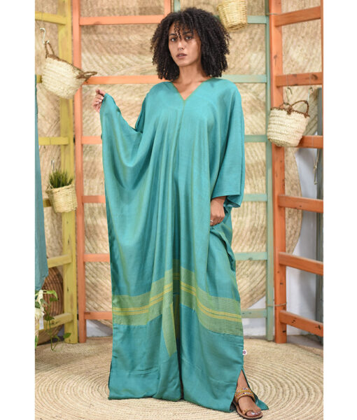 Turquoise Handwoven Cotton/Viscose Long Kaftan made in Egypt & available in Jozee boutique