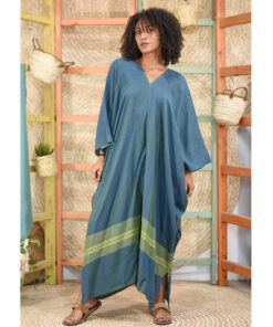 Petrol blue Handwoven Cotton/Viscose Long Kaftan made in Egypt & available in Jozee boutique