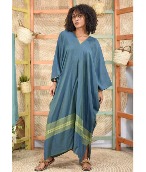 Petrol blue Handwoven Cotton/Viscose Long Kaftan made in Egypt & available in Jozee boutique