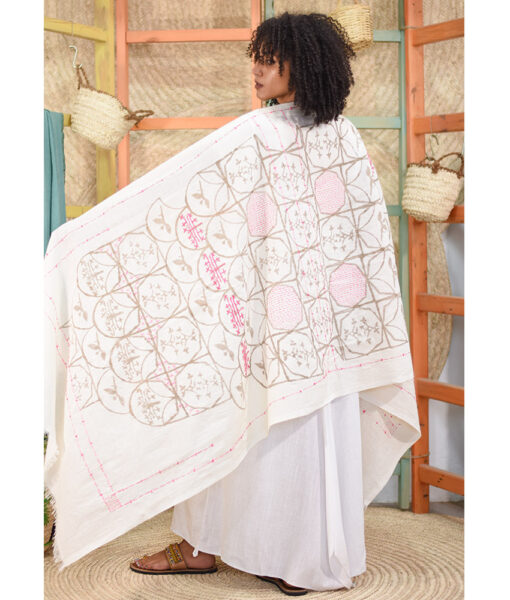 Off White Block printed Cotton Shawl Handmade in Egypt & available at Jozee Boutique