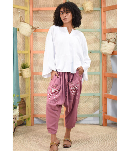 Dark rose Siwa Embroidered Linen Harem Pants with Removable Suspenders handmade in Egypt & available at Jozee Boutique