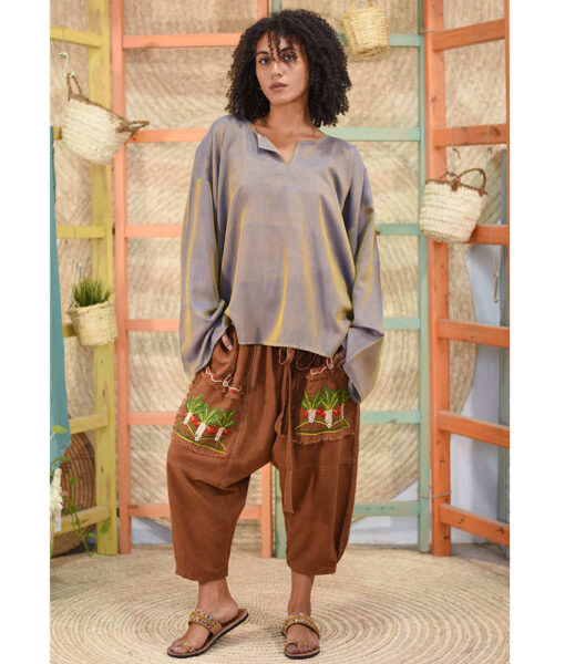 Almond brown Siwa Embroidered Linen Harem Pants with Removable Suspenders handmade in Egypt & available at Jozee Boutique