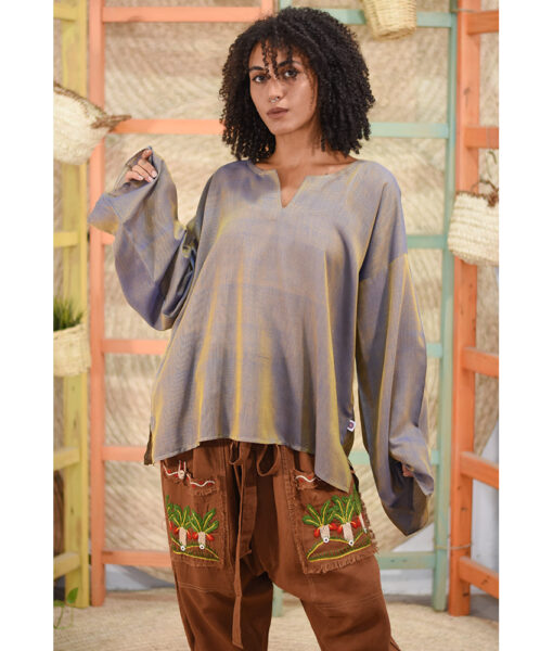 Purplish Yellow Handwoven Viscose Top Handmade in Egypt & available in Jozee boutique