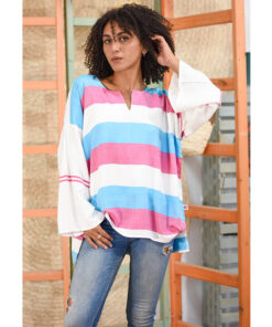 White, pink and blue Handwoven Viscose Top Handmade in Egypt & available in Jozee boutique
