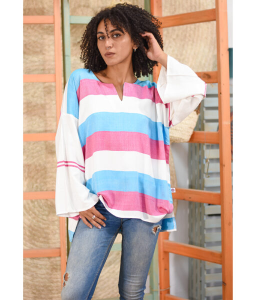 White, pink and blue Handwoven Viscose Top Handmade in Egypt & available in Jozee boutique