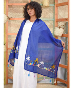 Blue Embroidered Voile Wide Shawl handmade in Egypt & available at Jozee Boutique