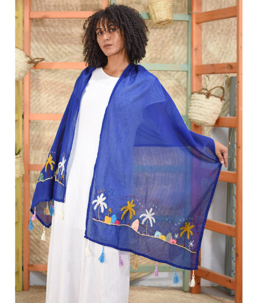 Blue Embroidered Voile Wide Shawl handmade in Egypt & available at Jozee Boutique