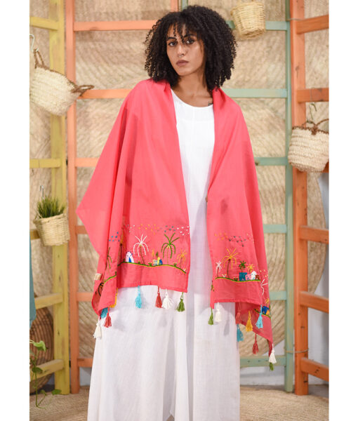 Saumon Embroidered Voile Wide Shawl handmade in Egypt & available at Jozee Boutique
