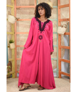 Fuchsia Siwa Embroidered Linen Tent Dress With Adjustable Buttons handmade in Egypt & available at Jozee boutique