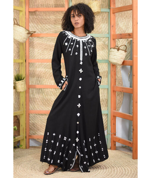 Black Siwa Embroidered Linen Tent Dress With Side Buttons handmade in Egypt & available at Jozee boutique