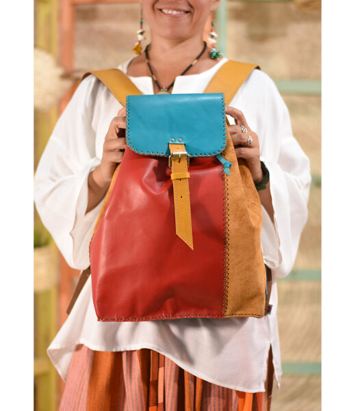 Multicolored Genuine Leather backpack handmade in Egypt and available at Jozee Boutique.