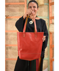 Red Genuine Leather hand bag handmade in Egypt and available at Jozee Boutique.