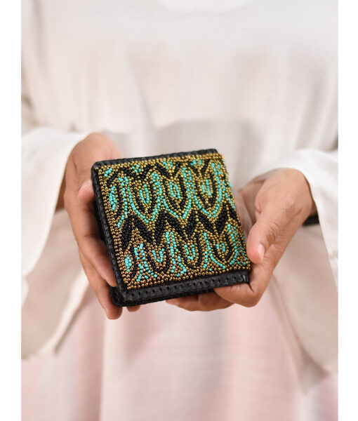 Black & Turquoise Beaded Wallet handmade in Egypt and available at Jozee Boutique.