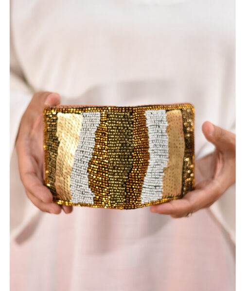 Brown and gold Beaded Wallet handmade in Egypt and available at Jozee Boutique.