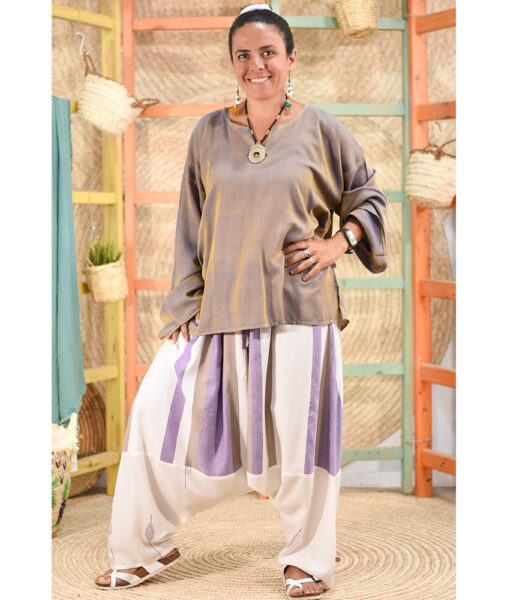 White & purple Viscose Harem Pants handmade in Egypt & available at Jozee Boutique.