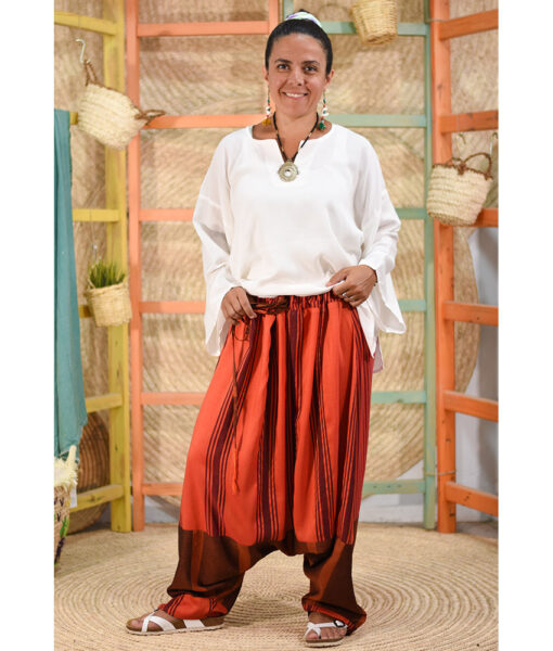 Orange & brown Viscose Harem Pants handmade in Egypt & available at Jozee Boutique.