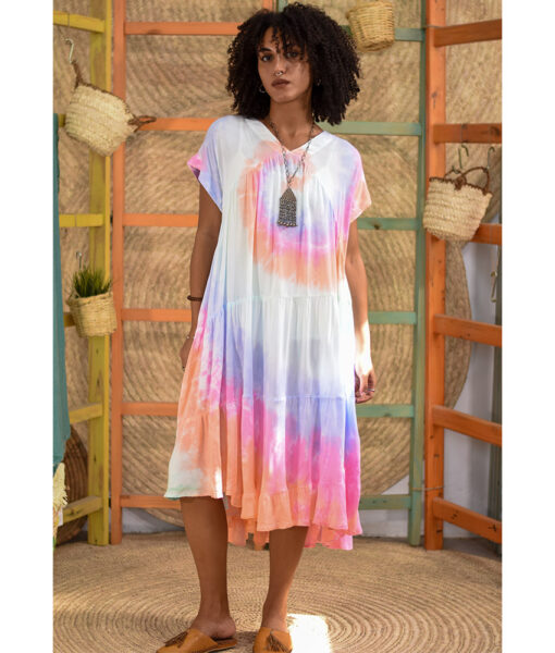Pastel Tie Dyed Midi Dress handmade in Egypt & available at Jozee Boutique.