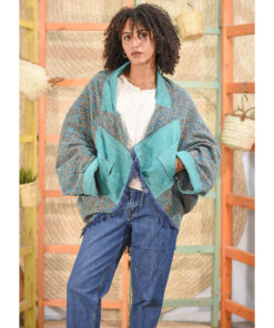 Turquoise & grey Handwoven Cotton Velour upside down Jacket made in Egypt & available at Jozee boutique