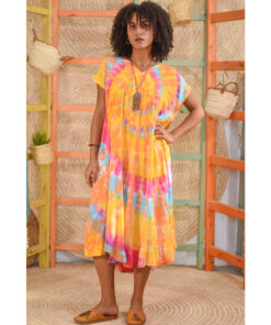 Orange, pink and turquoise Tie Dyed Midi Dress handmade in Egypt & available at Jozee Boutique.