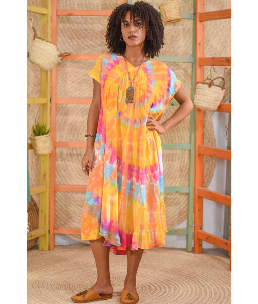 Orange, pink and turquoise Tie Dyed Midi Dress handmade in Egypt & available at Jozee Boutique.