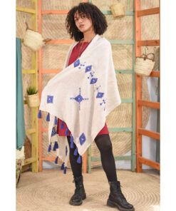 White Siwa Embroidered Handwoven Linen Shawl Handmade in Egypt & available at Jozee Boutique