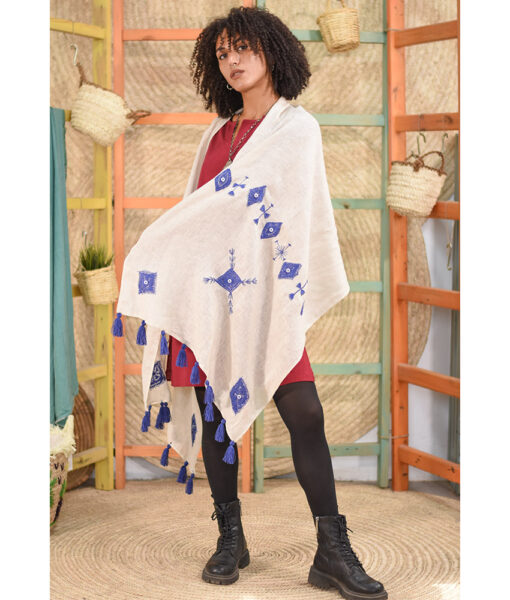White Siwa Embroidered Handwoven Linen Shawl Handmade in Egypt & available at Jozee Boutique