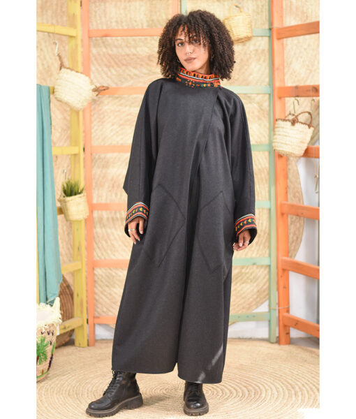 Black Wool Siwa Embroidered Coat handmade in Egypt & available at Jozee boutique