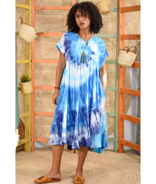 Shades of blue Tie Dyed Midi Dress handmade in Egypt & available at Jozee Boutique.