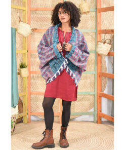 Turquoise & Reddish shades Handwoven Cotton Velour upside down Jacket made in Egypt & available at Jozee boutique