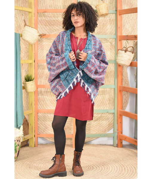 Turquoise & Reddish shades Handwoven Cotton Velour upside down Jacket made in Egypt & available at Jozee boutique