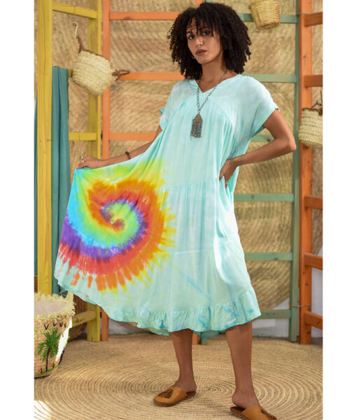 Aqua with rainbow Tie Dyed Midi Dress handmade in Egypt & available at Jozee Boutique.