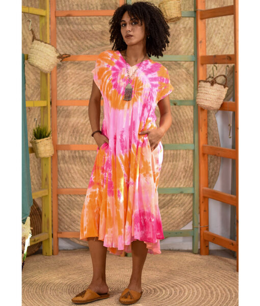 Orange & Hot Pink Tie Dyed Midi Dress handmade in Egypt & available at Jozee Boutique.