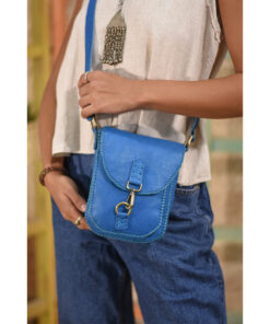 Blue Genuine Leather Cross Bag handmade in Egypt & available at Jozee Boutique.